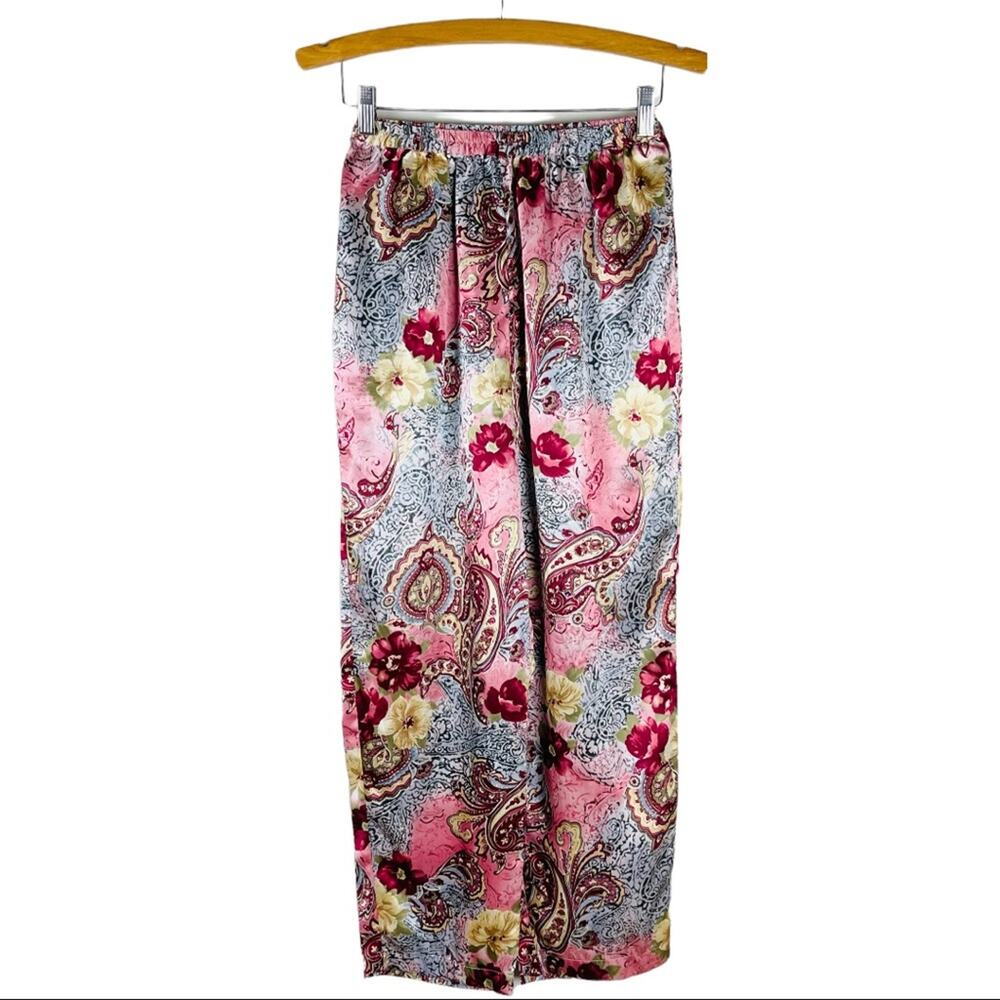 Vintage pink grey floral satin high waisted trendy 90s y2K pants small
